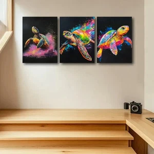 3pcs Colorful Sea Turtle with Splash Effects Metal Print Ready to Hang Art - Picture 1 of 8