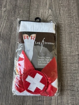 Leg Avenue naughty nurse Opaque thigh high tights with Red satin bows Halloween - Image 1 of 4