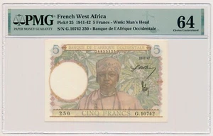 FRENCH WEST AFRICA banknote 5 Francs 15.6.1942. PMG MS 64 - Picture 1 of 7