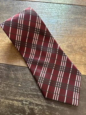 Clericci Silk Tie Red Maroon Gray Plaid Men Necktie - Image 1 of 4