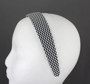 Black White gingham plaid headband 1 3/16" wide tartan fabric covered hair band - Picture 1 of 9