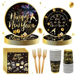 Happy New Year Party Supplies Black Gold Tableware Set New Year's Eve 120PCS - Picture 1 of 7