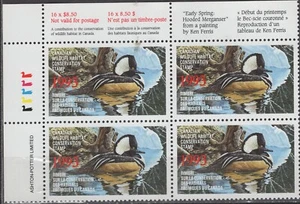 SC# FWH9 - Canadian Wildlife - Hooded Merganser (1993) $8.50 - Plate Block of 4 - Picture 1 of 1