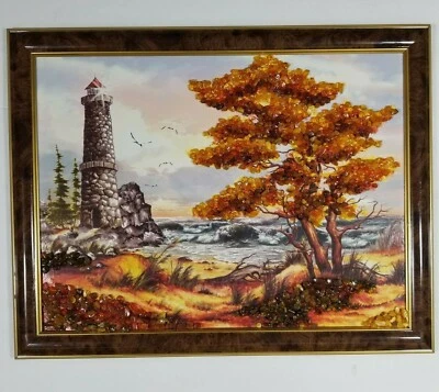 18x14 Pebble Painting Lighthouse Framed Gravel Art Landscape Mid Century - Image 1 of 4