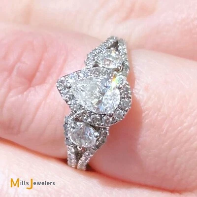 14K White Gold Pear Cut Diamond Three Stone Halo Engagement Ring 1ctw Size 5 - Image 1 of 4