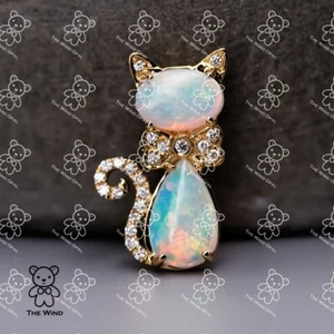 Adorable Cat Australian Solid Opal Diamond Pendant ONLY 14k Yellow Gold - Picture 1 of 10