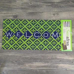 Sassafras Welcome Insert Door Mat Fleur-de-lis Blue & Green 10" x 22" - Picture 1 of 14