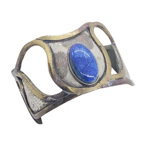 Morita & Cia Handmade Chile Mixed Metal Cuff Bracelet Blue Cabochon Modernist - Picture 1 of 19