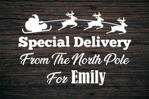 CUSTOM NAME SPECIAL DELIVERY FROM THE NORTH POLE CHRISTMAS BOX STICKER - Picture 1 of 6