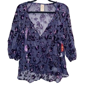 Velvet Burnout Shirt Womens Large Purple Sheer Whimsigoth Ethereal Witchy Boho - Picture 1 of 12
