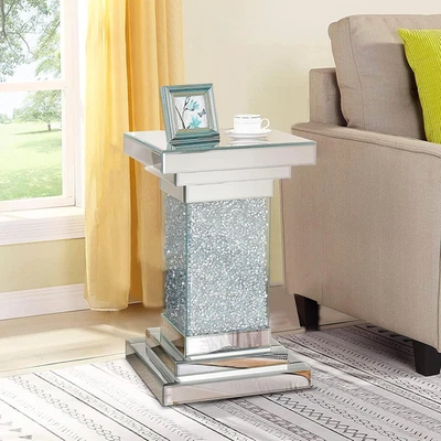 Silver Mirrored End Table, Square Side Table with Crystal Inlay, Modern Gorgeous - Image 1 of 4