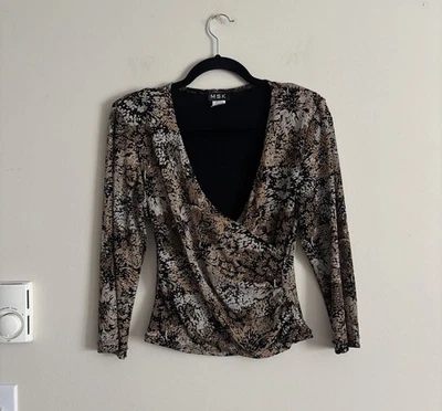 Vintage Y2K 90s 2000s Stretchy Rib Knit Top Black Brown Glitter Going Out Small - Image 1 of 4