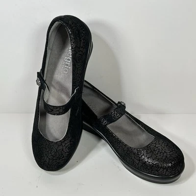 ALEGRIA Shoes Womens 9 Metallic Black Rose Mary Jane Wedge Heels Comfort FLA-553 - Image 1 of 4