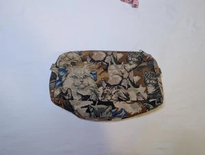 Cute Vintage Cat Print Fabric Knit/Crochet Pouch with Zipper Closure & Yarn Loop - Picture 1 of 7