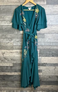 Monsoon Maxi Dress Size UK 12 Teal Green Wanda Beaded Embroidered Floral Wrap - Picture 1 of 13