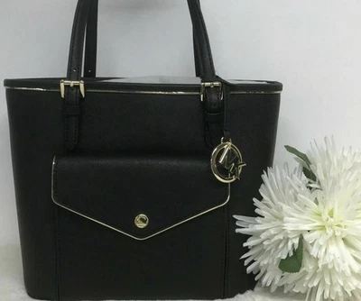 NEW! MK Michael Kors Saffiano Frame Black Leather Tote Bag Purse Handbag $228 - Image 1 of 4