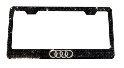 Audi Quattro SLine Black Crystals Crystalized License Plate Frame Holder W/ Caps - Image 1 of 3
