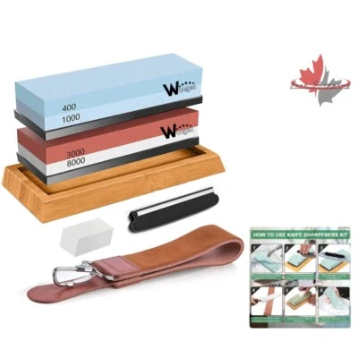 Knife Sharpener Set with White Corundum Stones, Non-Slip Base & Leather Strop Foto 1 de 4