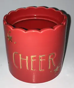 Red 3 1/2" Round Scallop Rimmed Ceramic Christmas Planter w/Gold 'CHEER' & Stars - Picture 1 of 7