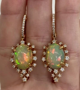 4.50Ct Oval Lab Created Fire Opal Drop Dangle Earrings 14K Yellow Gold Plated - Picture 1 of 6