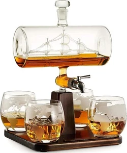 Whiskey Decanter Globe Set; Father's Day 04 Etched Glasses Liquor Scotch Bourbon - Picture 1 of 11