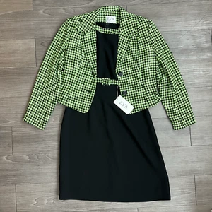 NWT Vintage Mod Dress & Blazer Set Neon Green Houndstooth Eva Fashion Size 6 - Picture 1 of 8