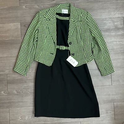 NWT Vintage Mod Dress & Blazer Set Neon Green Houndstooth Eva Fashion Size 6 - Image 1 of 4