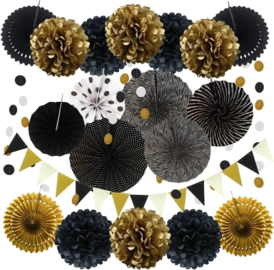 Party Decoration, 21 Pcs Black and Gold Hanging Paper Fans, Pom Poms Flowers, Ga - Image 1 of 4