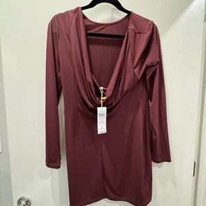 BCBG GENERATION WOMEN COWL SCOOP BACK MAROON DRESS SIZE M LONG SLEEVE DRAPED NEW - Picture 1 of 5