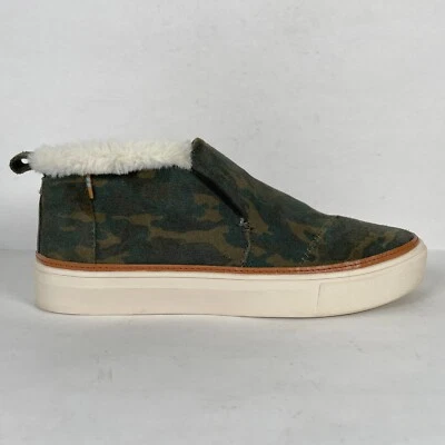 Toms Paxton Camo Sneakers Womens Size 8 Green Suede Fur Trim Slip On Shoes - Image 1 of 4