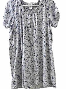 Adonna Nightgown Blue White Floral Ruffle Short Sleeve Knee Length Size L