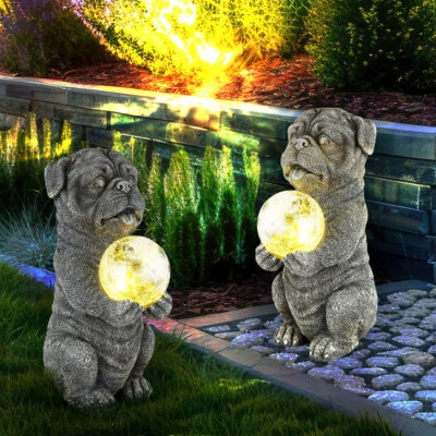 Solarleuchte Außenlampe Tierfigur LED Hund grau Crackle Glaskugel Garten 2er Set - Bild 1 von 4