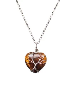 Tree of life heart pendant necklace w/ brown tiger eye stone, wire wrap tree New - Picture 1 of 7