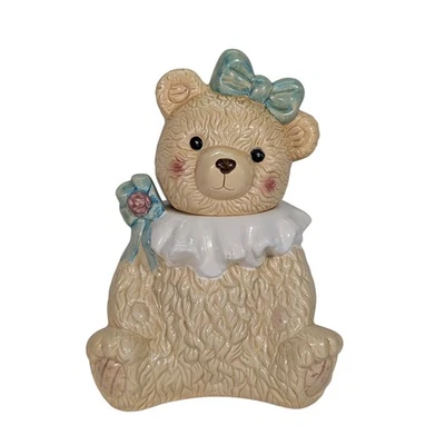 Tarro de galletas de oso de peluche de colección cerámica azul lazo cuello con volantes cocina guardería Foto 1 de 4