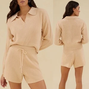 Maglione Rachel Parcell collo scollo V piccolo beige marrone polo maglia a costine vecchi soldi - Foto 1 di 14