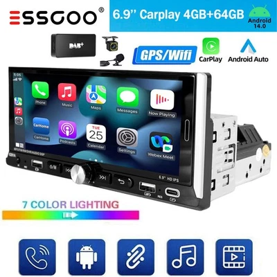 Android 14 DAB+KAM+ MIK 6.9" 4+64GB Carplay Autoradio 1 DIN GPS NAVI RDS USB BT - Bild 1 von 4