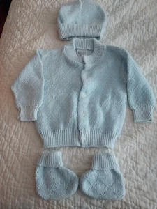 Vintage Baby Knit Outfit Boy Blue size up to 6 months 100 % cotton 4 pcs button - Picture 1 of 11