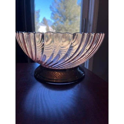 Vintage Arcoroc France Rosaline Swirl Pink Large Glass Bowl Silver Base 10.25” - Image 1 of 4