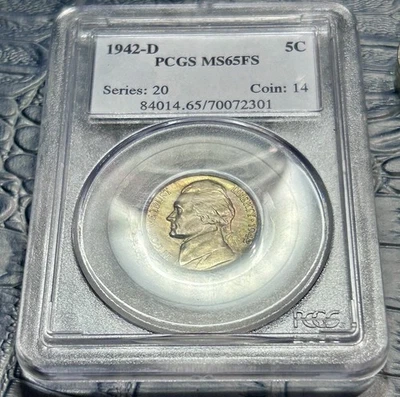 1942-D Jefferson Nickel ~ PCGS MS65FS w/ Stunning Lime Green/Pink/Maroon Toning  - Image 1 of 4