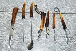 Vintage 6er Set Bargeschirr UTENSILIEN Barwerkzeug marmoriert BAKELIT GRIFFE Sheffield - Bild 1 von 11