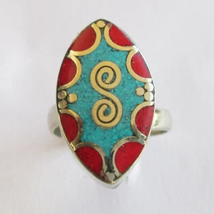Tibetan Silver Turquoise Red Coral Original Jewelry Adjustable Unisex Ring R44 - Picture 1 of 7
