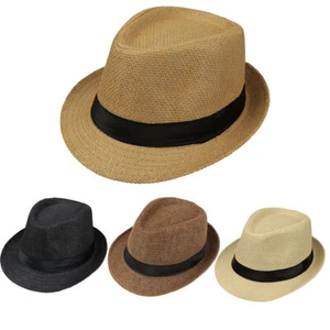 Unisex Hat Trilby Summer Beach Sun Straw Hats Men Womens Panama Cap Brim - Picture 1 of 13