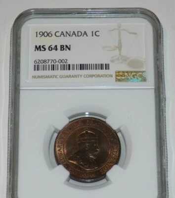 NGC CANADA Canadian 1906 PENNY MS64 BN MS 64 UNC ONE CENT Graded Certified Coin  - Image 1 of 4