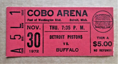 Detroit Pistons vs Buffalo Braves Ticket stub Nov 30, 1972 - COBO Arena Cover
