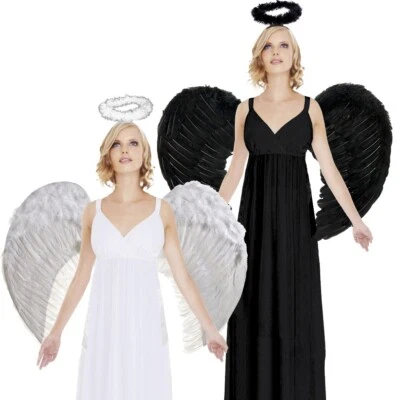 WHATCHUSEEK Angel Fairy Feather Wings Halo Black OR White Halloween Fancy Dress