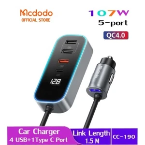 Mcdodo 107W Digital Display Car Charger With Extension Cord (4 USB + 1 Type-C) - Picture 1 of 6