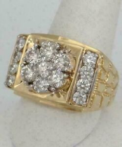 Men's Cluster 1.2CT Round Cut Natural Diamond Solid 14K Yellow Gold  Pinky Ring