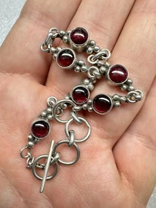 Signed JG Native American Navajo Zuni Sterling Silver Cabochon Garnet Bracelet - Picture 1 of 13