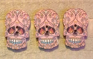 3 Pink Skull Crafting Buttons Sewing Flat Wood 2 Hole 1" Flaming Eyes - Picture 1 of 2
