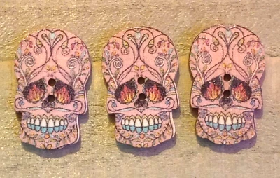 3 Pink Skull Crafting Buttons Sewing Flat Wood 2 Hole 1" Flaming Eyes   - Image 1 of 2